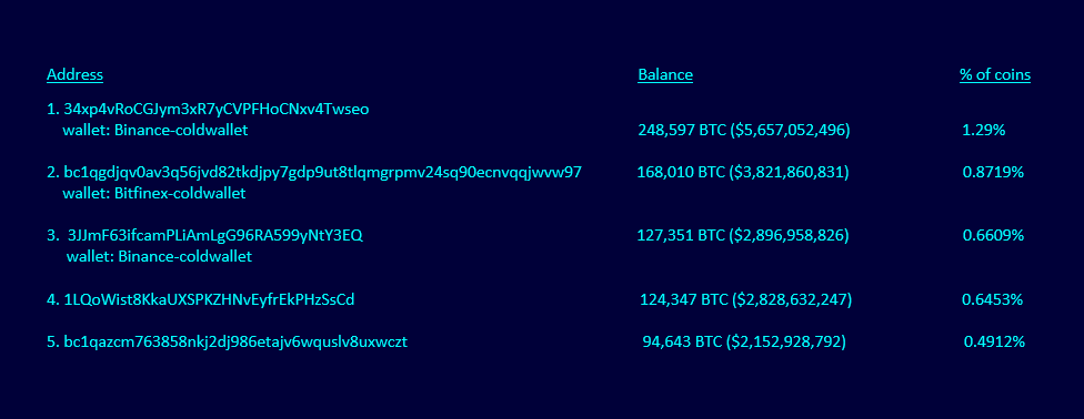 An image of The top 5 of the 100 Richest Bitcoin Addresses 
