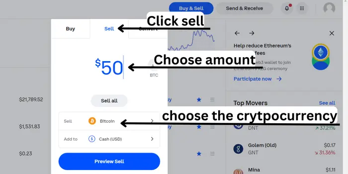 Image with the words click sell, choose amount, and choose the cryptocurrency pointing to those areas