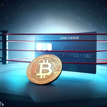 A bitcoin and a credit card in boxing ring