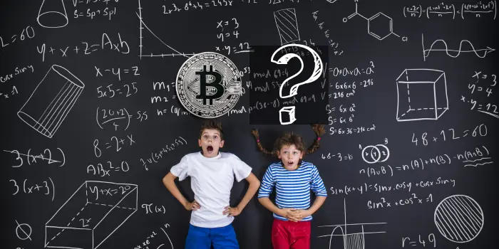 Image of 2 kids "a boy & a girl" in front of a chalkboard with math formulas on it and a bitcoin on top of the boys head and a question mark on top of the girls