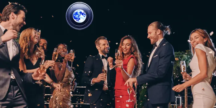 Photo of a group of young men and women dressed up & dancing and drinking champagne with an illuminated bitcoin moon in the sky