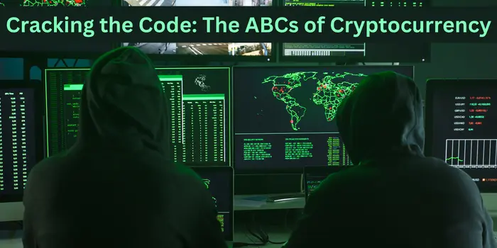 Image of Two hackers dressed in dark green, sitting in front of computers, with the phrase Cracking the code: The ABCs of Cryptocurrency written on it