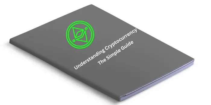 Image of a manual with a bitcoin on it and the words understanding cryptocurrency: A simple guide