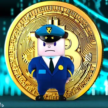 An animated security guard in front of a large bitcoin