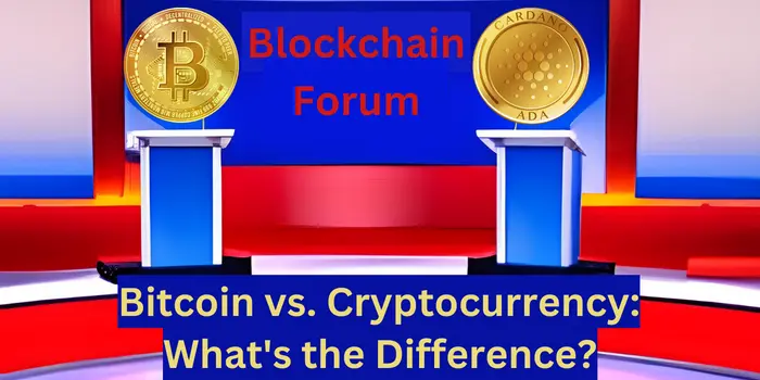 Image of a debate stage, with the words bitcoin vs cryptocurrency: what's the difference