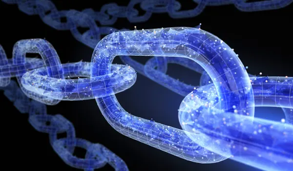 Image of bright blue computer generated chain links on dark background