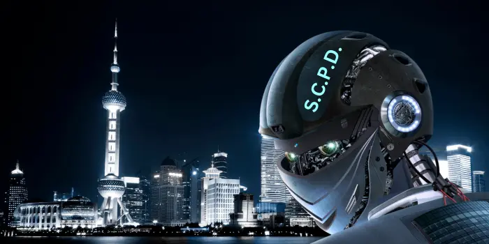 Image of a robot in front of a bright futuristic city with a dark blue background with the initials "S.C.P.D." on its helmet
