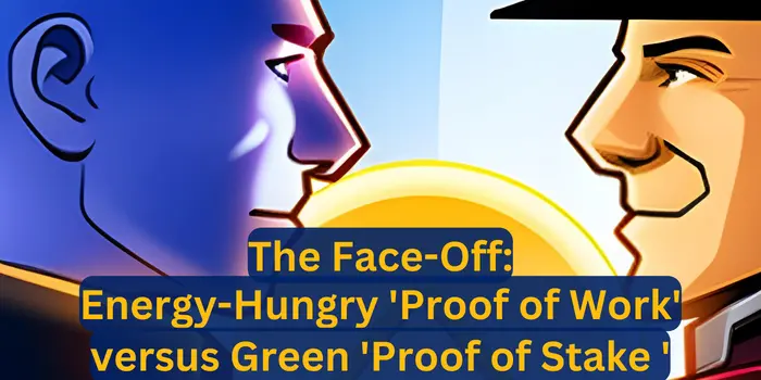 Image of an animate man and an animated blue character facing each other with a crypto coin in the background and the phrase "The face-off: Energy-hungry 'proof of work' versus green 'proof of stake' written on it